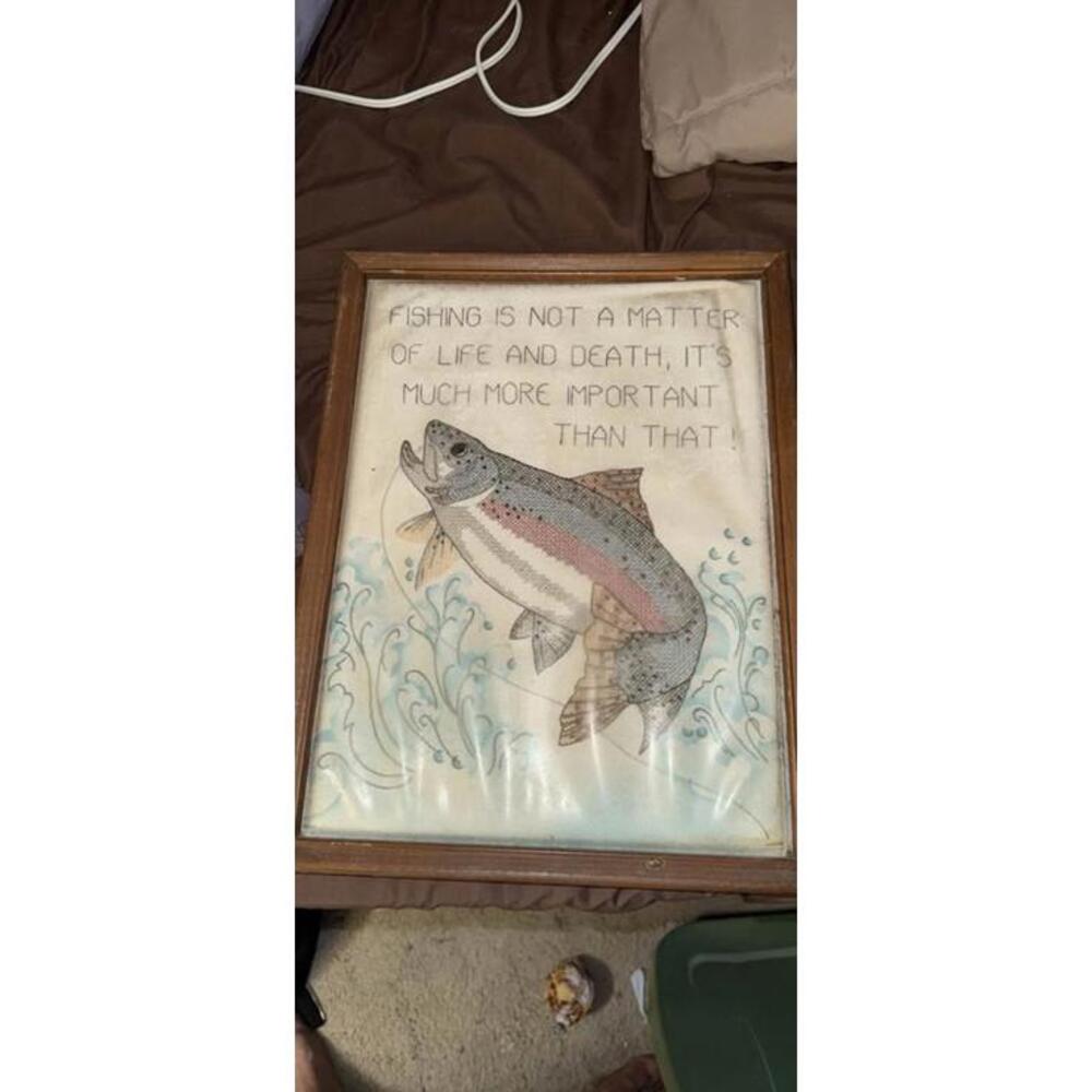 Vintage Framed Fishing Cross Stitch Art‎